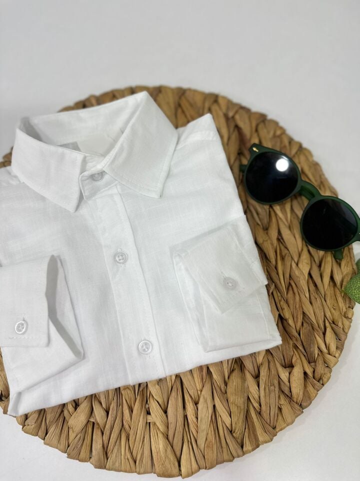 Keten Kumaş Çocuk Gömlek Kolları Ayarlanabilir Şık Tasarım