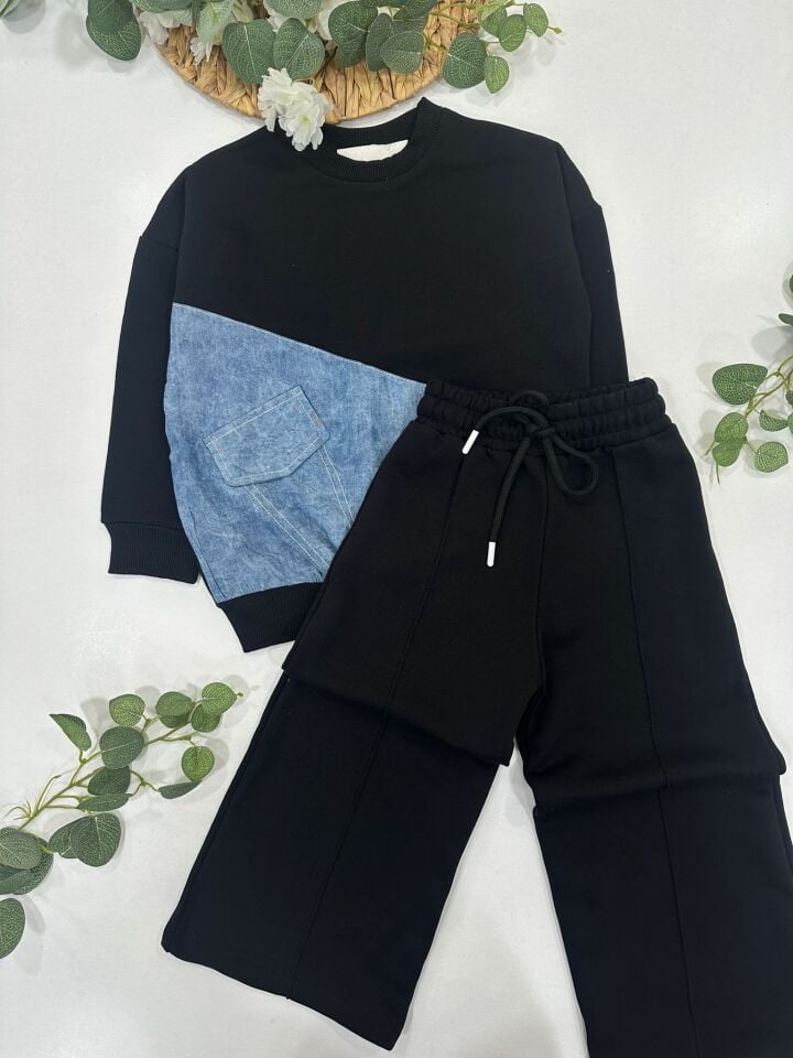 KIZ ÇOCUK KOT DETAYLI EŞOFMAN TAKIMI