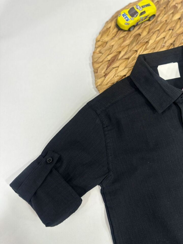 Keten Kumaş Çocuk Gömlek Kolları Ayarlanabilir Şık Tasarım