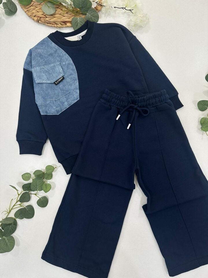 KIZ ÇOCUK KOT DETAYLI EŞOFMAN TAKIMI