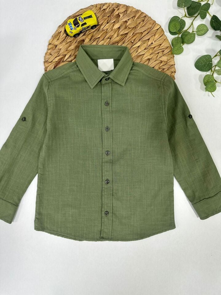 Keten Kumaş Çocuk Gömlek Kolları Ayarlanabilir Şık Tasarım