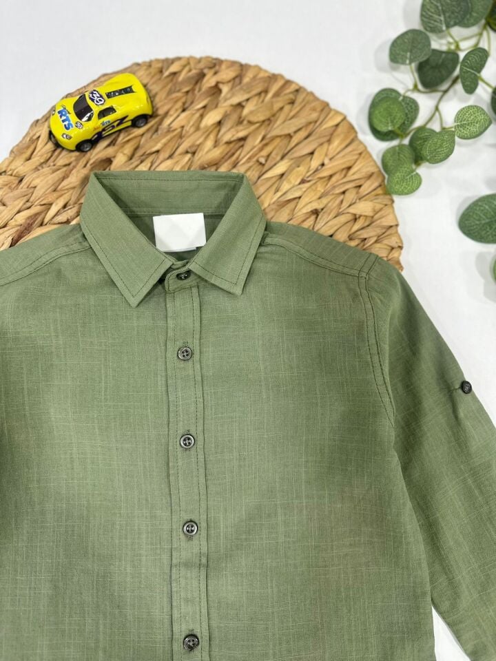 Keten Kumaş Çocuk Gömlek Kolları Ayarlanabilir Şık Tasarım