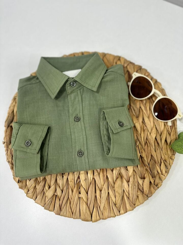 Keten Kumaş Çocuk Gömlek Kolları Ayarlanabilir Şık Tasarım