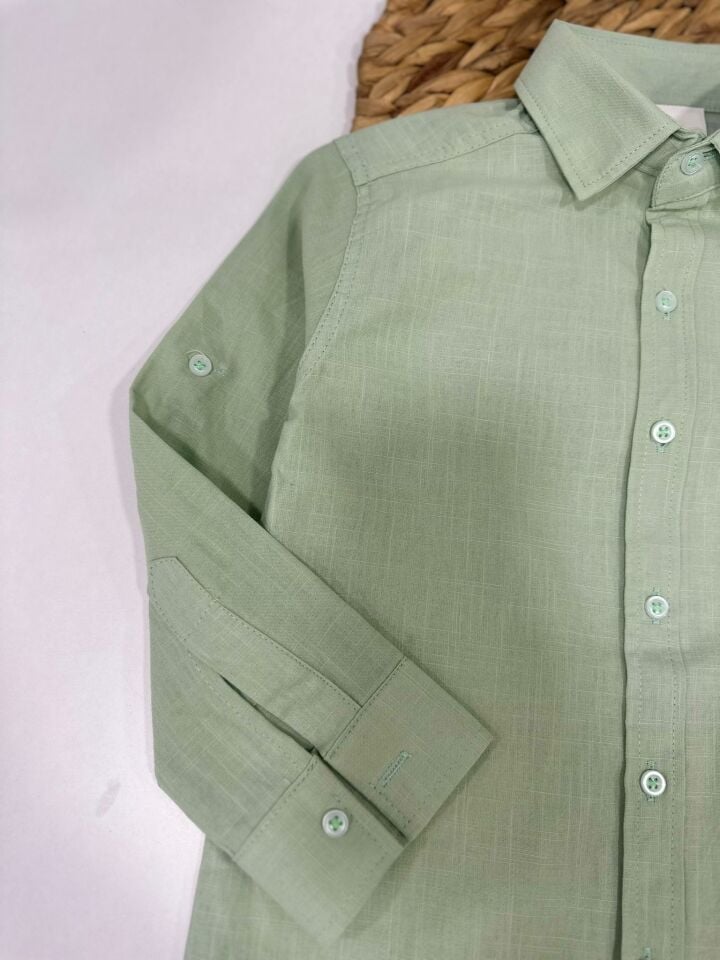 Keten Kumaş Çocuk Gömlek Kolları Ayarlanabilir Şık Tasarım