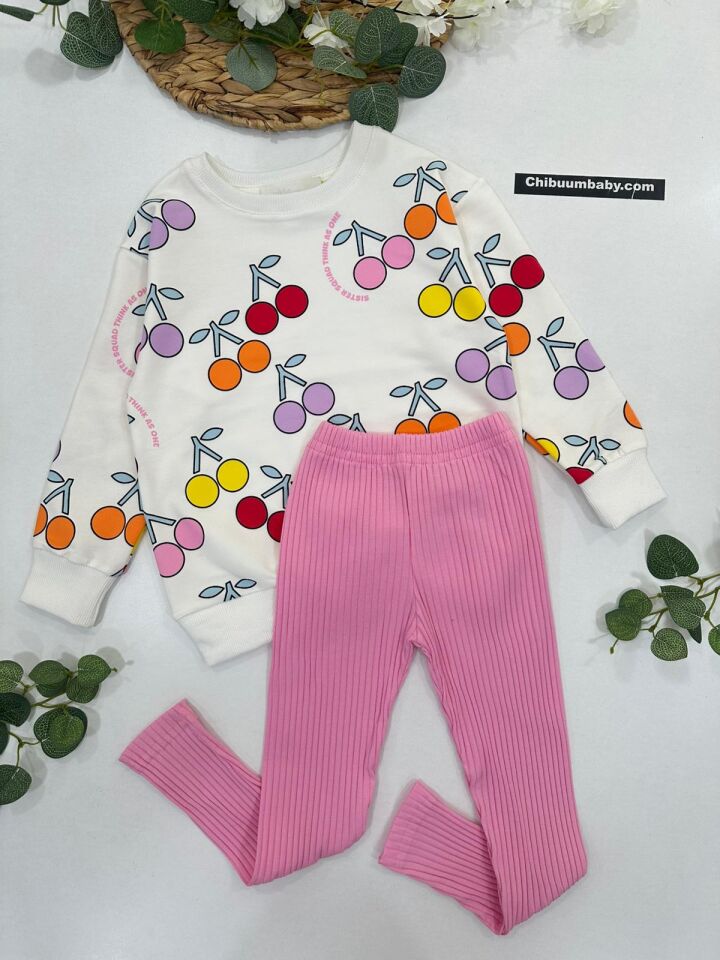 KIZ ÇOCUK KİRAZ DESENLİ TAYTLI TAKIM
