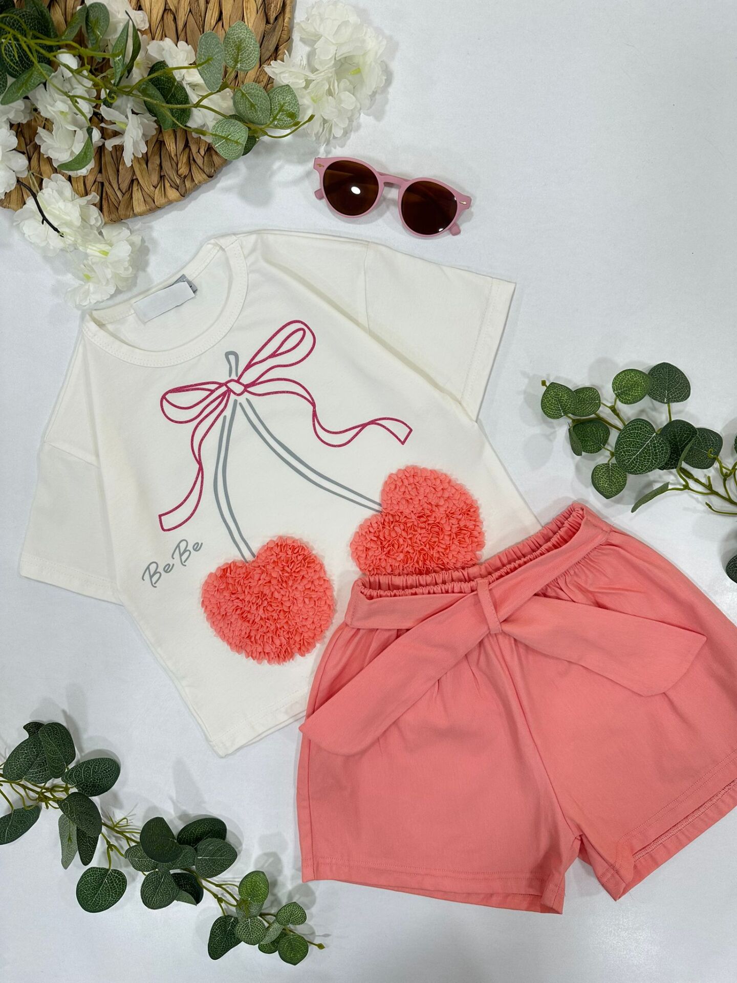 KIZ ÇOCUK KİRAZ DESENLİ ŞORTLU TAKIM