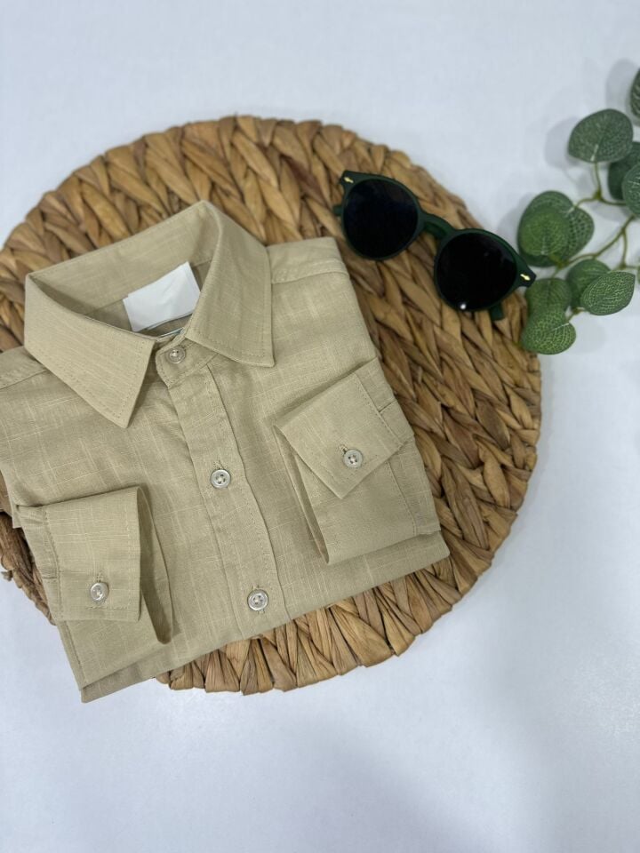 Keten Kumaş Çocuk Gömlek Kolları Ayarlanabilir Şık Tasarım