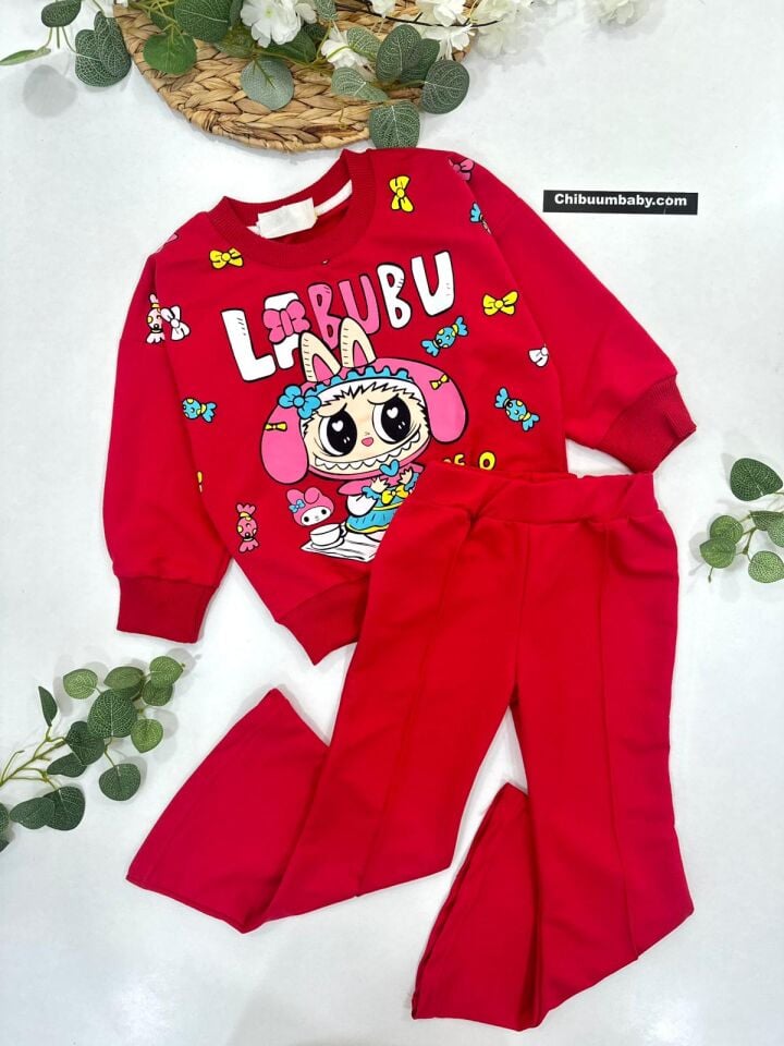 KIZ ÇOCUK LABUBU BASKILI İSPANYOL PAÇA TAKIM