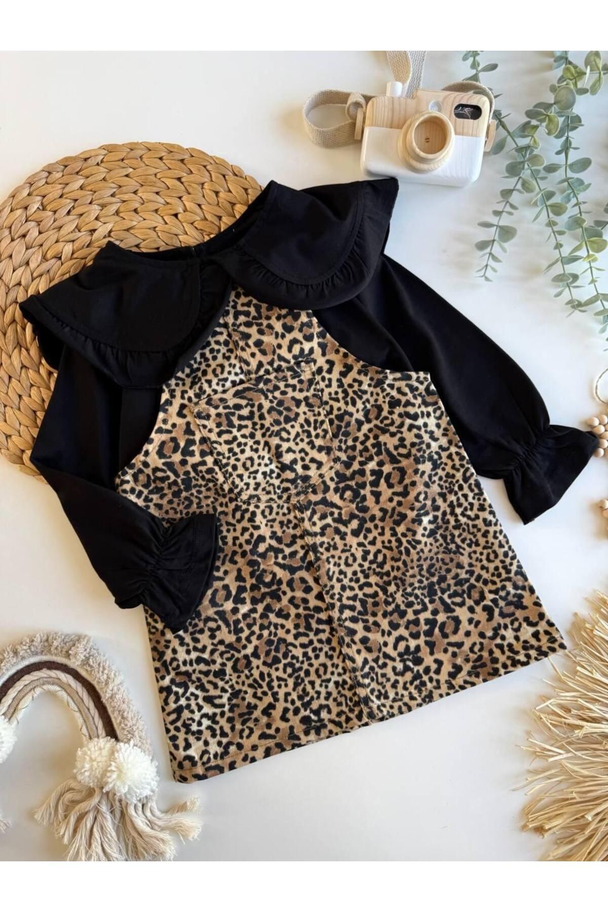 KIZ ÇOCUK LEOPAR DESENLİ ELBİSE TAKIMI