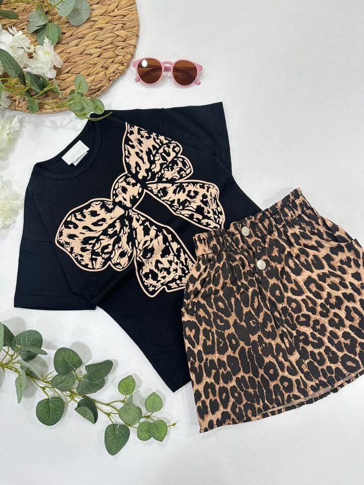 KIZ ÇOCUK LEOPAR DESENLİ ETEKLİ TAKIM