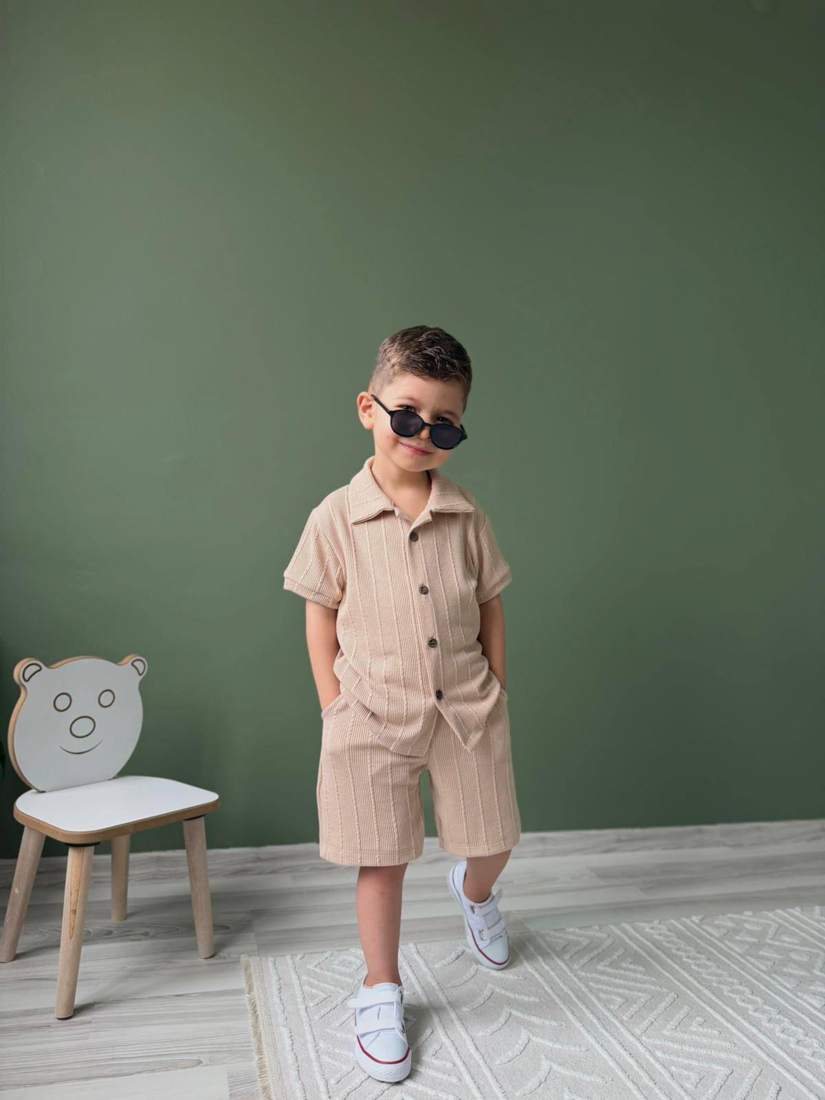 ERKEK ÇOCUK DOKULU GÖMLEK ŞORT TAKIM