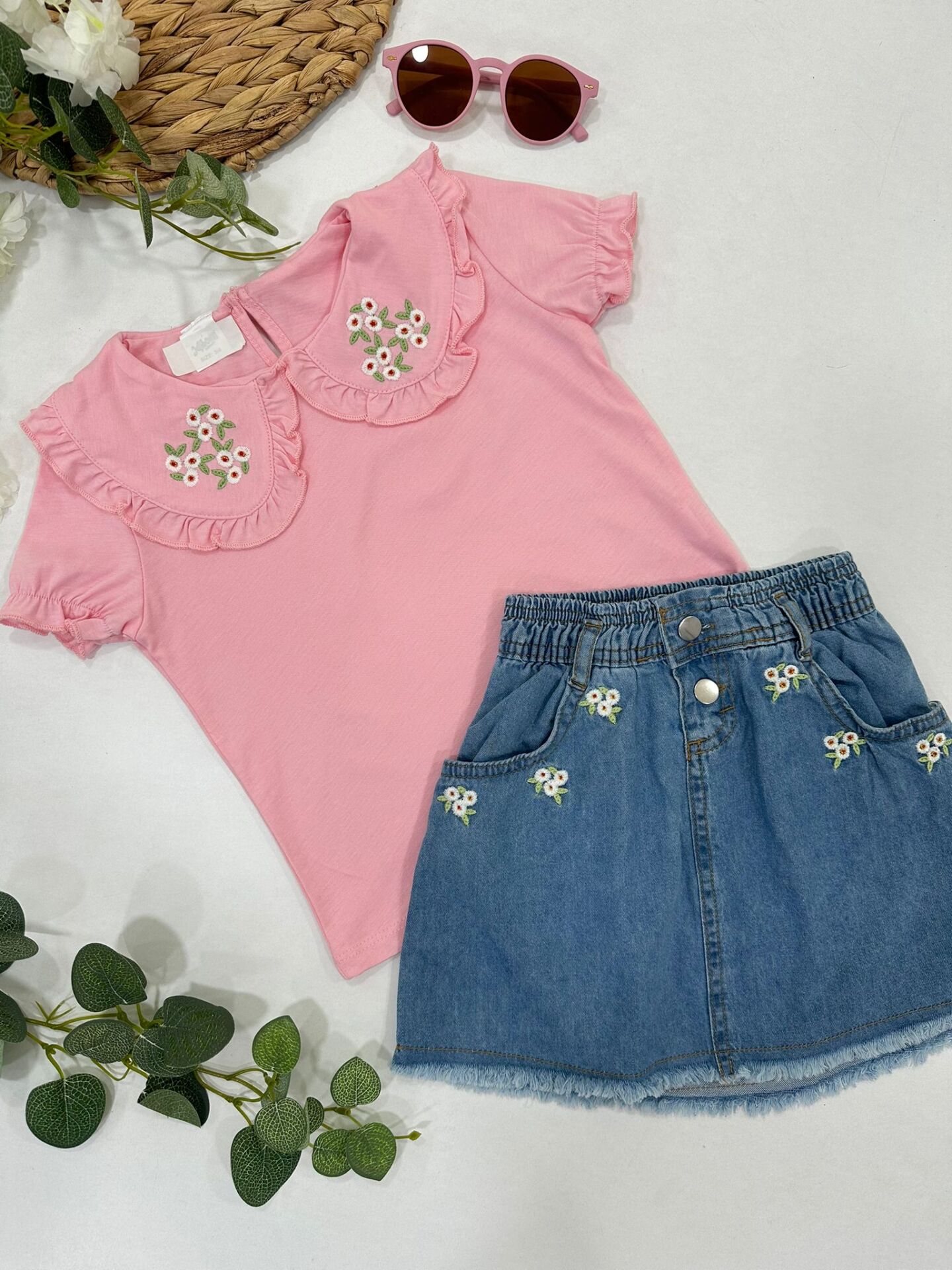 KIZ ÇOCUK ÇİÇEK DESENLİ ETEKLİ TAKIM