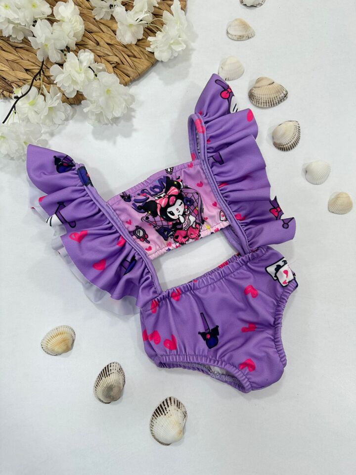 Kuromi Desenli Askılı Fırfırlı Kız Çocuk Mayo