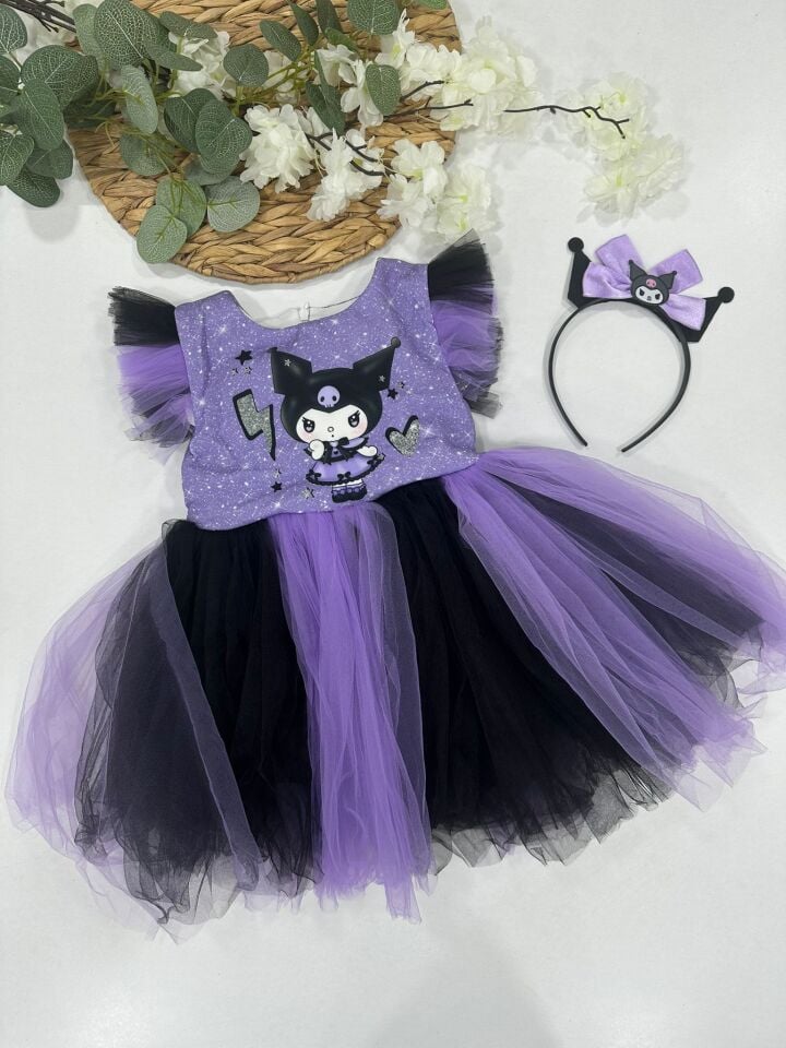 Kız Çocuk Kuromi Temalı Tüllü Kostüm Elbise ve Taç Seti