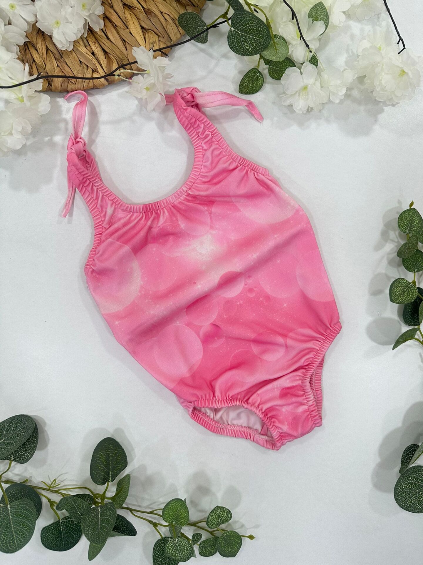 Kız Çocuk Pembe Desenli Bağcıklı Mayo