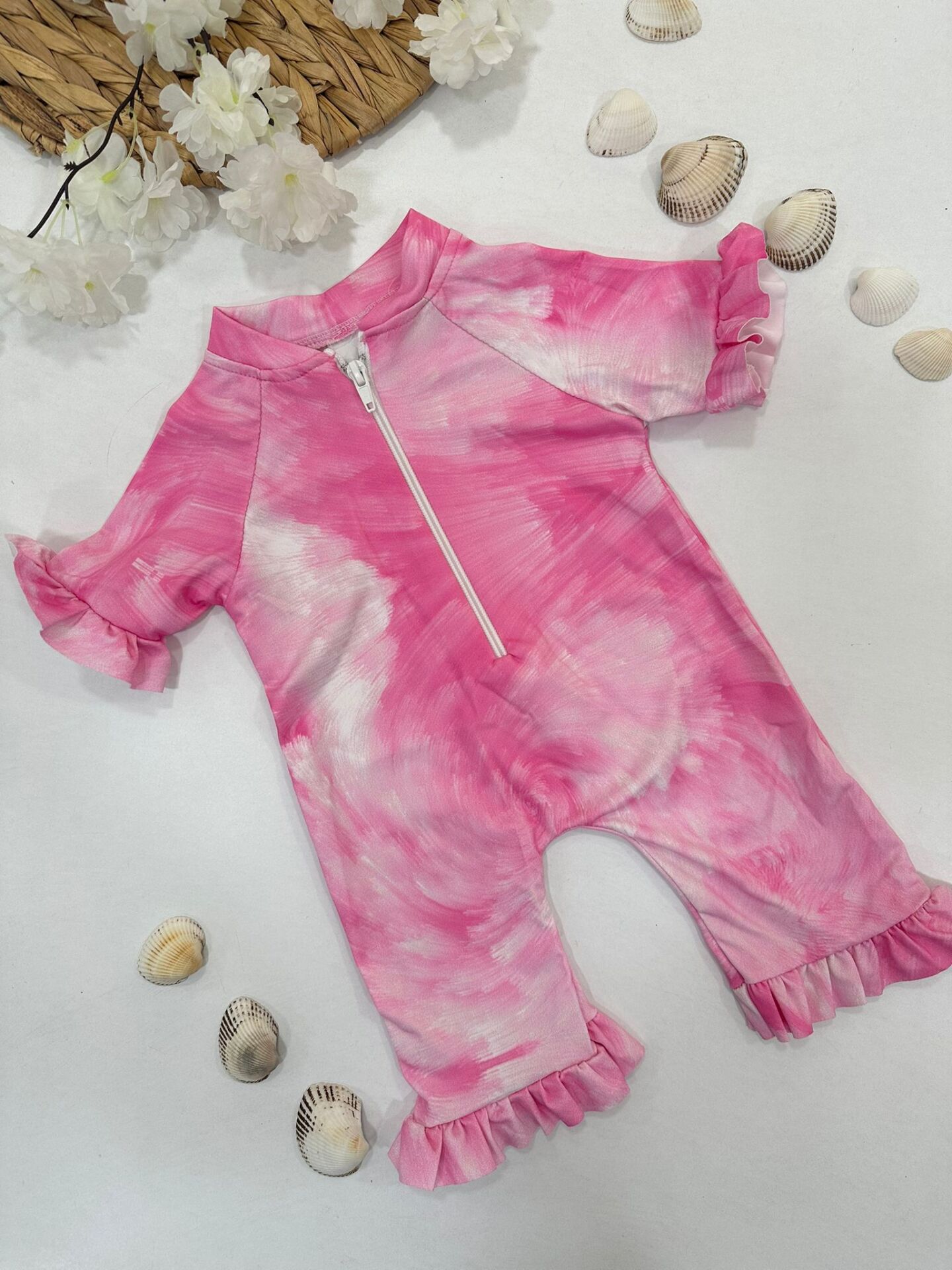 Pembe Fırça Desenli Kız Çocuk Mayo Tulum
