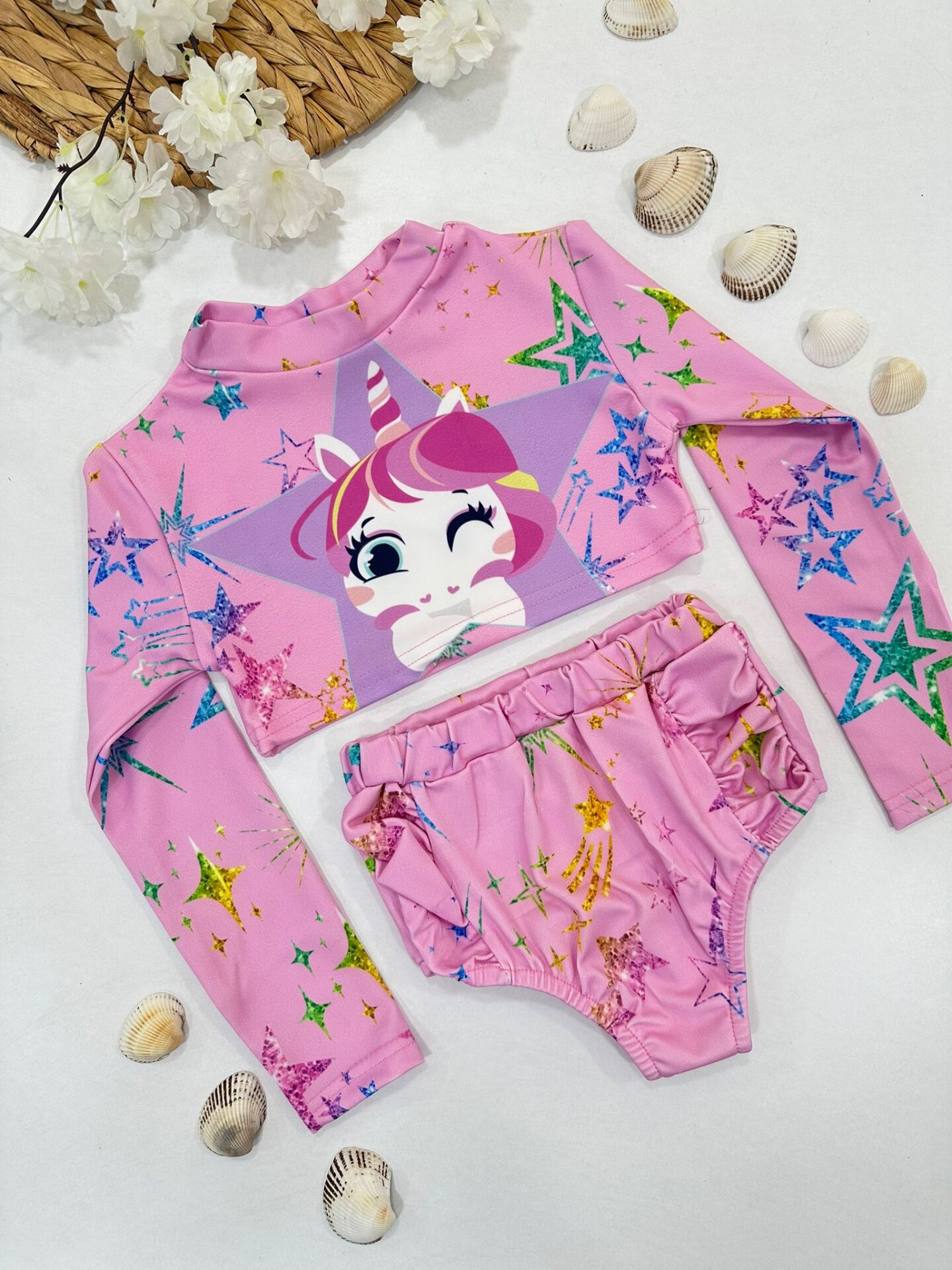 Pembe Unicorn ve Yıldız Desenli Kız Çocuk Uzun Kollu Bikini Takımı