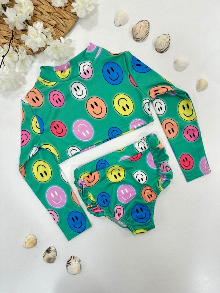 Renkli Smiley Desenli Kız Çocuk Uzun Kollu Bikini Takımı
